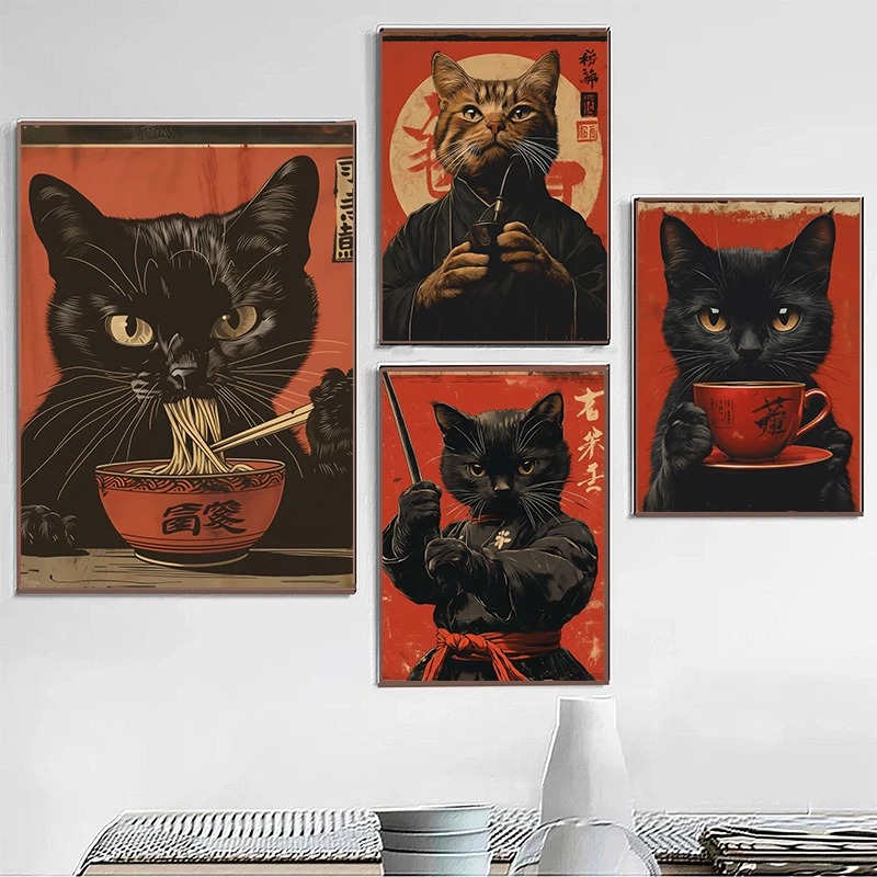Japanese Lifestyle In Japanese - Japanese Edo Style Black Cat Eating